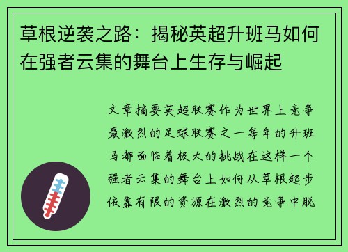 草根逆袭之路：揭秘英超升班马如何在强者云集的舞台上生存与崛起