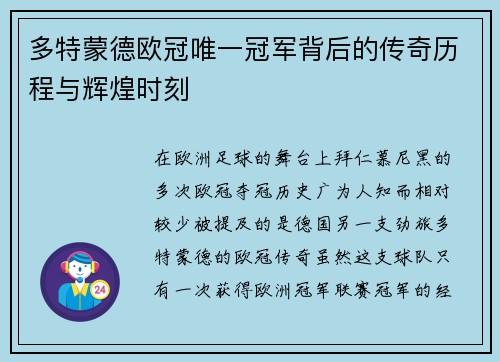 多特蒙德欧冠唯一冠军背后的传奇历程与辉煌时刻