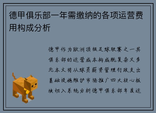 德甲俱乐部一年需缴纳的各项运营费用构成分析