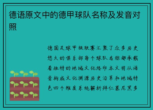 德语原文中的德甲球队名称及发音对照