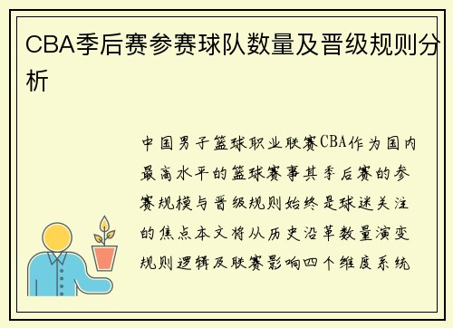 CBA季后赛参赛球队数量及晋级规则分析